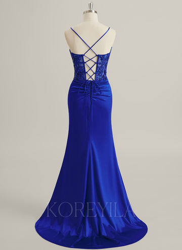 Trumpet/Mermaid V-Neck Sweep Train Jersey Lace Maxi Dresses With Pleated Sequins